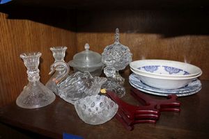 lot 622 image: Clear glass swan, crystal candle holders and compote, blue and white bowls and plates