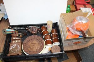 lot 692 image: Vintage items orange Fondu pot, desk clock with hutch design, wooden pipe and more