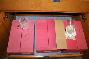 lot 232 image: Mikasa Clear mugs (2 boxes) and Gorham crystal Iced Tea goblets (1 box)