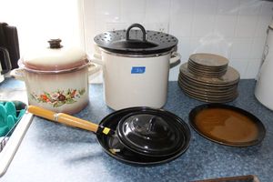 lot 230 image: Stock pots, frying pans, steamer lid, and plates