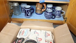 lot 249 image: Beer steins and box of beer coasters