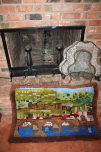 lot 264 image: Fireplace Andirons, fireplace screens, and rugs