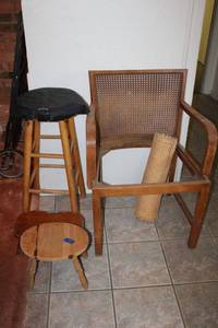 lot 260 image: Cane chair project, wooden bar stool and step stools