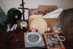 lot 269 image: Misc. items TP dispensers, paper towel dispenser, coasters, Nostalgia puzzle, vintage casters, and more