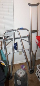 lot 297 image: Healthcare items Walker, crutch, scale