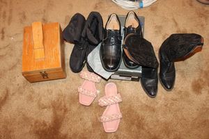 lot 303 image: Shoe lot Lucchese boots 6.5 B, Johnston & Murphy 9M, shoe shine box and more