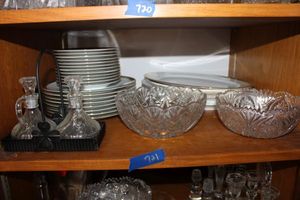 lot 721 image: Silver and gold trim plate set, crystal bowls, and serving platters