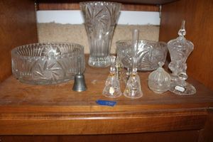 lot 730 image: Lead crystal bowls, large vase, and bells