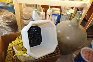 lot 832 image: Planters and large glass jar, paints, paint thinner