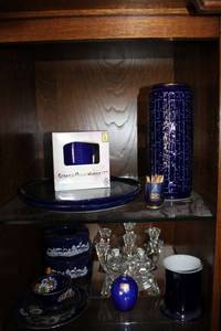 lot 639 image: Blue ceramic dishes and clear lead crystal candelabras