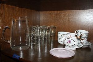 lot 645 image: Clear thin glass pitcher and mug set and Misc. dishes
