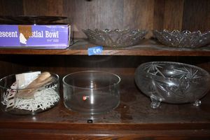 lot 649 image: Iridescent glass bowls, lead crystal footed bowl and clear round serving bowls