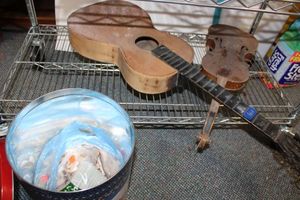 lot 664 image: Vintage guitar and violin (need repair), and wood crafts