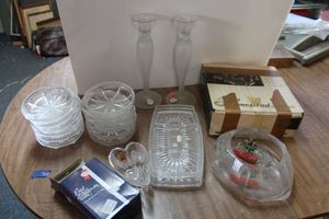 lot 708 image: Lead crystal bowls and candlesticks, and vintage snack set