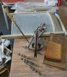 lot 669 image: Vintage washboard, brass scales, wooden boxes and spindle (needs attention)