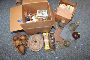 lot 805 image: Misc. vintage items wood handle flatware, telephone pole light insulators, Poems book and more