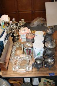 lot 671 image: Misc. lot silver plated tea set, candle holders, greeting cards and more