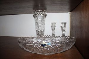 lot 773 image: Lead crystal BEYER oval bowl and candle holders