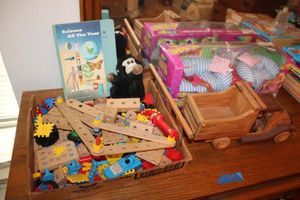 lot 55 image: Toys wooden truck, Barbie doll sofa, wood toys