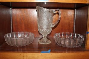 lot 49 image: Lead crystal pitcher and 2 Lead crystal bowls with rose design