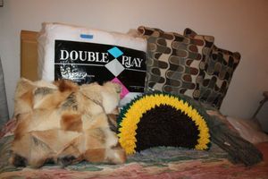 lot 73 image: Fur pillow, sunflower pillow, bed pillow and throw blanket
