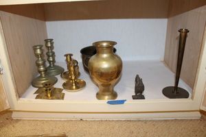 lot 96 image: Brass vase, hammered pot and candle holders