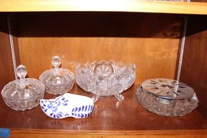lot 23 image: Lead crystal candy dishes, ceramic clog, crystal oval footed bowl and crystal teapot warmer