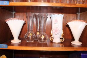 lot 28 image: Pair of Fenton milk glass and pink rose fan vases, Porcelain vase with pink roses, and set of 3 Lead crystal clear vases