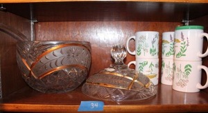 lot 34 image: Lead crystal punch bowl with gold trim plus flower print mugs