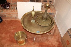 lot 181 image: Brass lot table , trays, vase, bucket and bird figurine