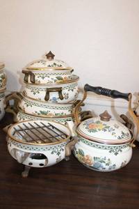lot 191 image: Vintage Asta Cookware set as shown - heavy, enamel coated with brass handles