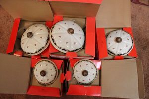 lot 197 image: Vintage Asta Cookware set as shown - heavy, enamel coated with brass handles. Still in boxes