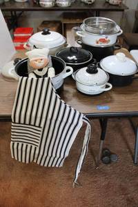 lot 201 image: Black and white enamel and metal cookware