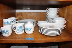 lot 297 image: Blue flower Bareuther tea set, Fish painted plates, and LEFTMANN blue flower soup bowls and saucers