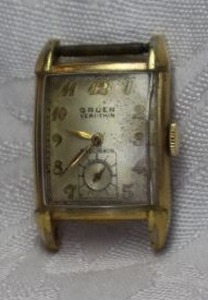 lot 391 image: 10K gold filled heavy Gruen VERI-THIN watch in case. Manual wind. Marked on back Gruen 10K Gold Filled. Model 0392351 (likely 17 jewel, Star Watch Case Co but did not open)