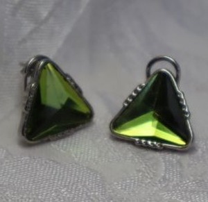 lot 402 image: Sterling Silver and faceted green glass (faux chartreuse quartz) poststud earrings with clips. Marked S 925 on earrings and 925 on butterfly backs.