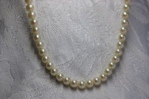 lot 458 image: Classic faux glass pearl necklace. 18L with 3 extender. Shepherds crook clasp.