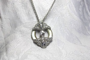 lot 450 image: Signed Lia Sophia rhinestone and enamel Victorian Revival pendant on 30 necklace with 3 extender. Has hang tag and marked on back of pendant.