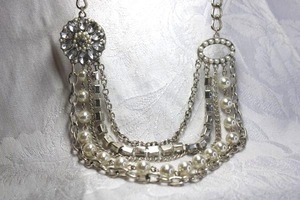lot 488 image: Multi chain and faux pearl necklace with Cuban chain yoke. Lobster clasp. 14L with 3 extender.