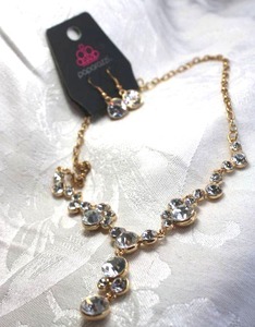 lot 445 image: Paparazzi gold finish faceted crystal Y- necklace with matching ear wire earrings on branded card. Lobster clasp. 18L