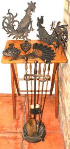 lot 41 image: Lot of Cast Iron and Brass Decorative Pieces and Fireplace Set, Including Tray