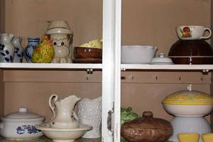 lot 56 image: Large Lot of Vintage Kitchen Dinnerware Including a Mushroom Coffee Cup, and a Milk Glass Bowl