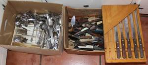 lot 63 image: Large Lot of Silverware and Cutlery Including Cellouid Knives, Chicago Cutlery Knife, and Dexter Knife