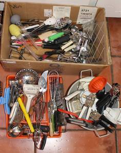lot 67 image: Large Lot of Kitchen and Cooking Utensils Including Vintage Colander and Vintage Can Openers