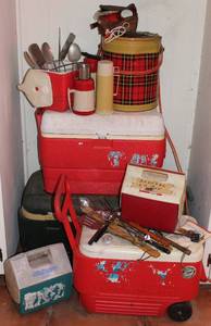lot 62 image: Large Lot of Coolers Grilling and Camping Equipment Including a Campside Drink Warmer