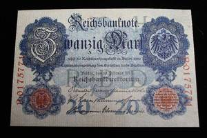 lot 158 image: UNCIRCULATED 1914 Reichs $20 Banknote - MINTED A FEW MONTHS BEFORE WWI