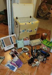 lot 100 image: Old Vintage Mid Century Hamper Filled To The Top With Goodies See phots for all the awesome Vintage Hot Rollers, Perm Rods, and Blow Dryer