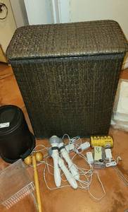 lot 102 image: Brown Woven Hamper Filled With Fun Stuff and Lidded Trash Can