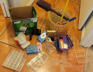 lot 104 image: Basket With Plungers, Box With Q-Tips In Container, Dresser Boxes, Various ManiPedi Tools, And Pill Sorters