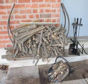 lot 241 image: Lot of Wood, Wood Holder, Log Holder, and Fireplace Tools